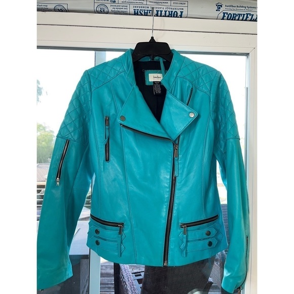 NEIMAN MARCUS COLLECTION TEAL BLUE LEATHER MOTO JACKET - SIZE M - Picture 2 of 9